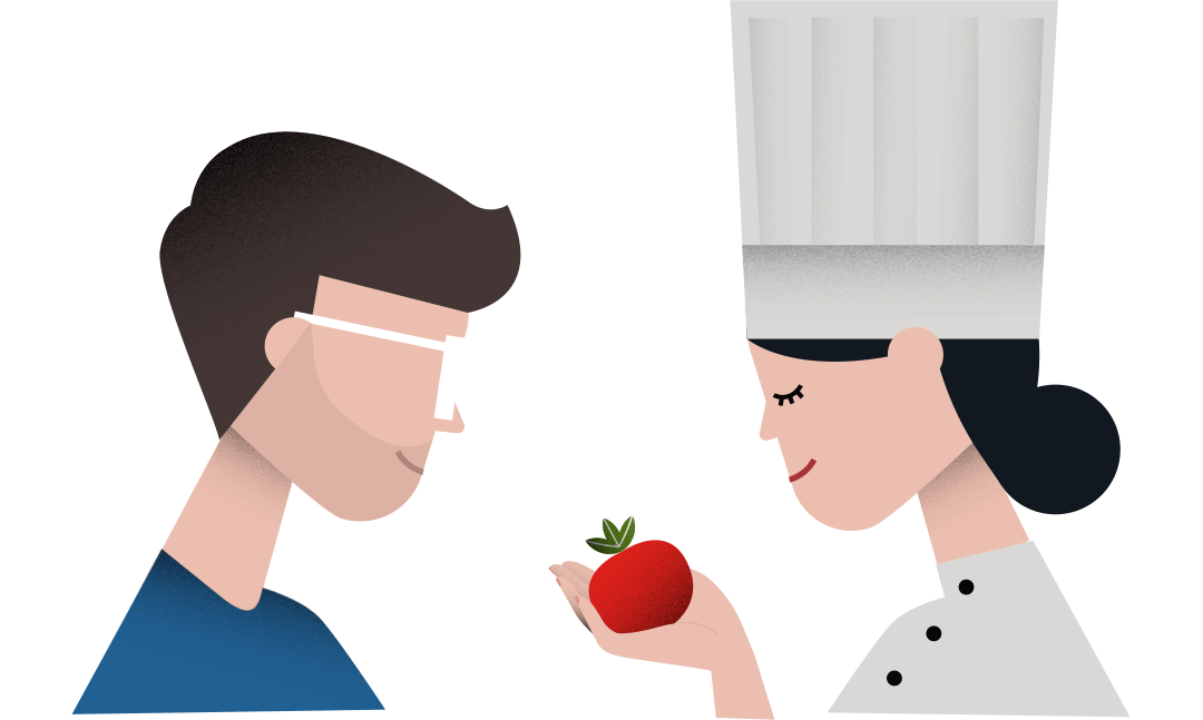 Dessin d'une cuisinière montrant une tomate à un homme