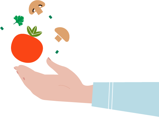 Dessin d'une main tenant des tomates et des champignons