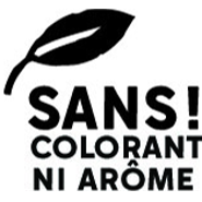 Un logo en forme de feuille avec la notion "sans colorant ni arôme""