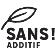 Un logo en forme de feuille avec la notion "sans additif"